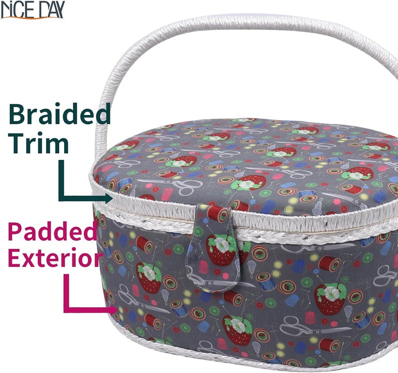 Nice Day Sewing Basket, Classic Fabric Design Sewing Kit Accessories Large Sewing Box Sewing Supplies Organizer and Storage Portable Sewing Kit Embroidery Box 14.6 x 10.6 x 6.7 in (Large/Oval Grey) - Image 5